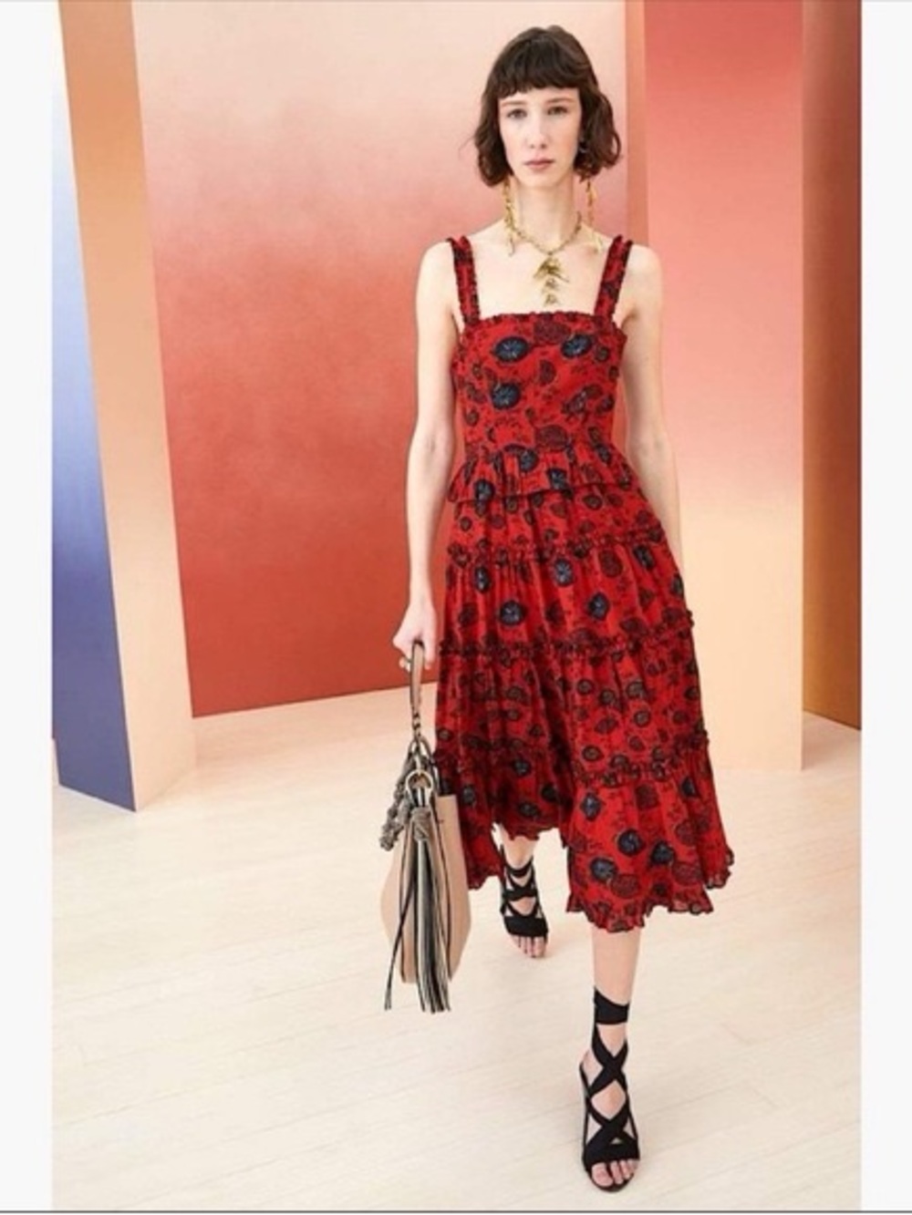 Ulla Johnson Red Floral Tiered Midi Dress with Navy Accents